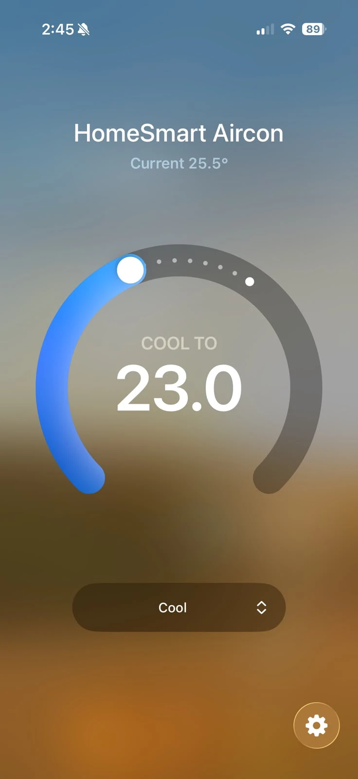HomeSmart aircon control in Apple Home showing a 23 degree target and 25.5 degree current temperature