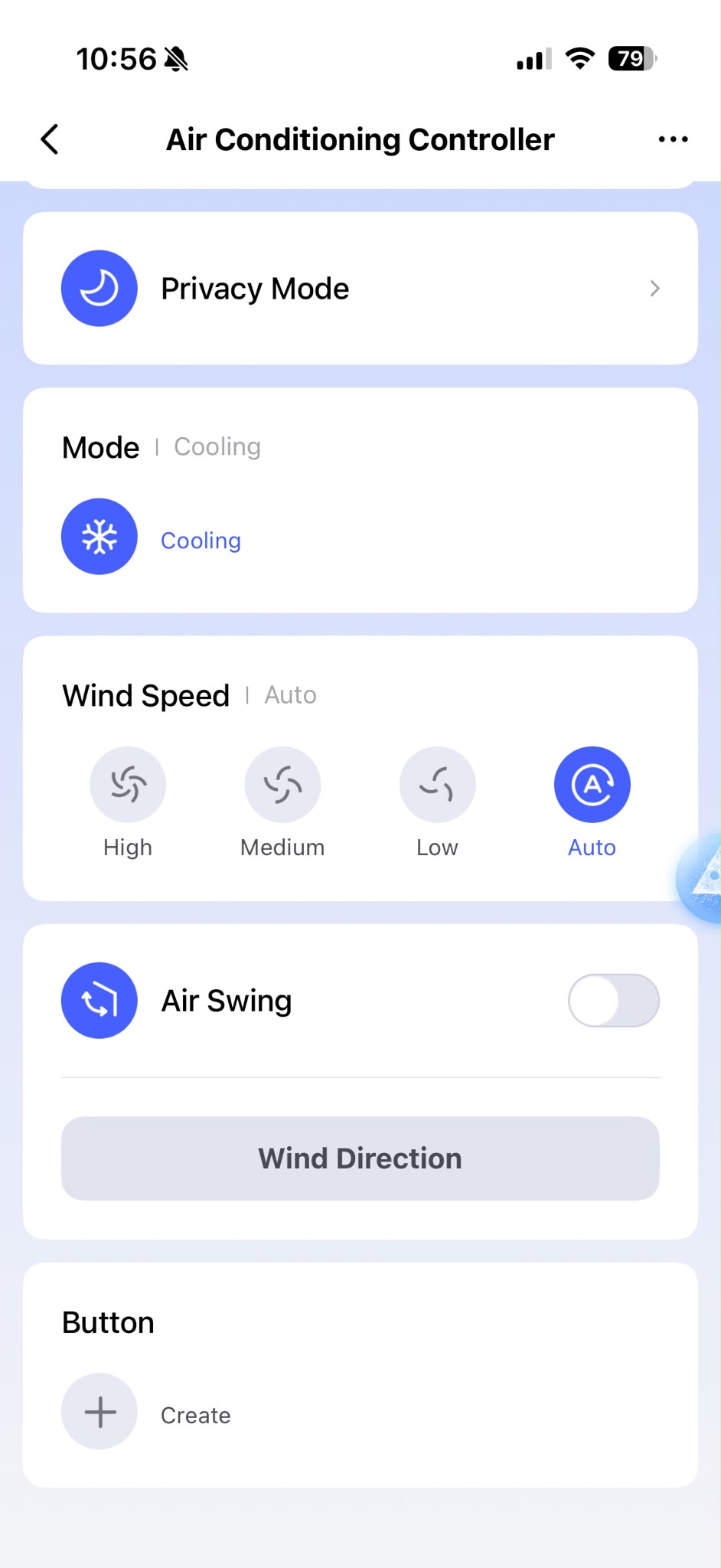 Aqara Home M200 screen showing high, medium, low and automatic fan-speed controls