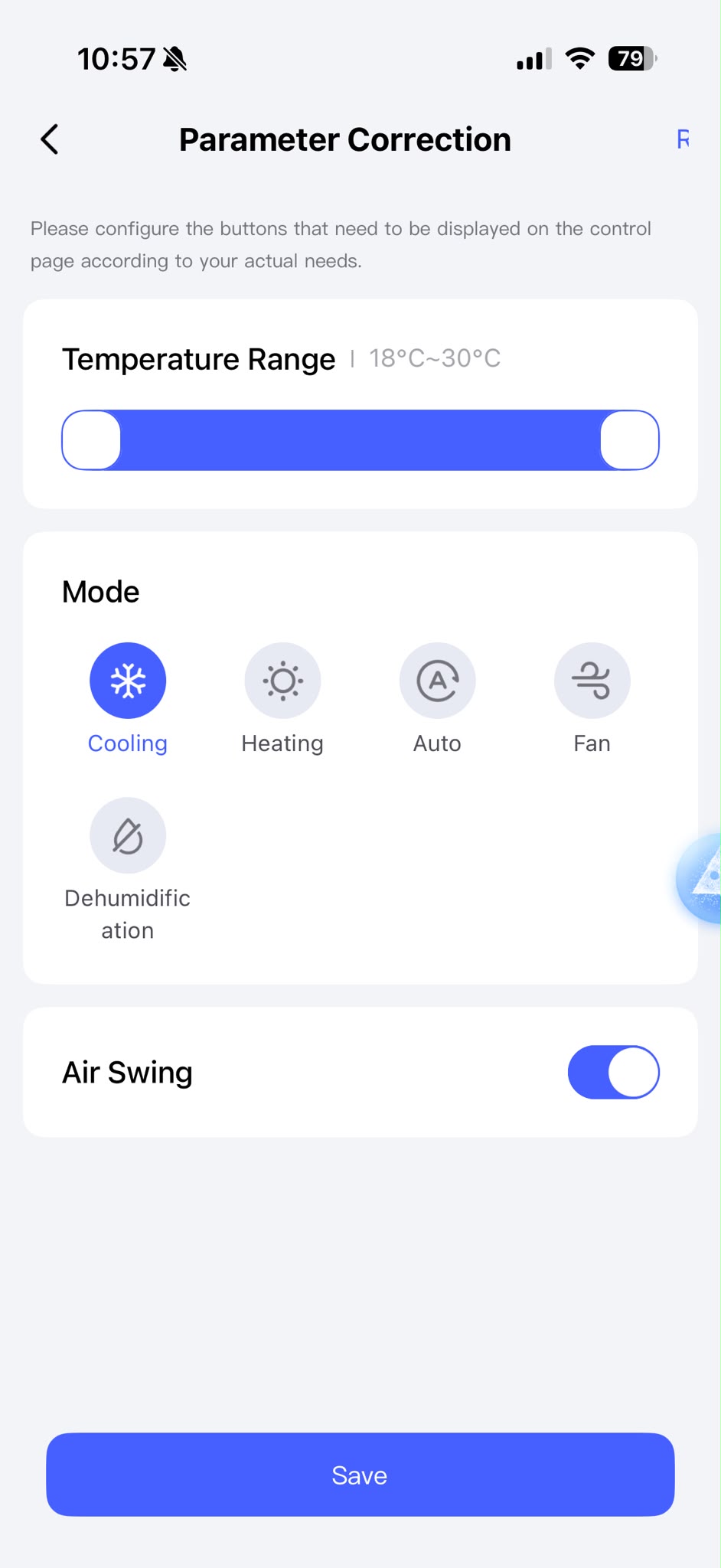 Aqara Home M200 screen for selecting supported aircon modes, temperature range and air swing