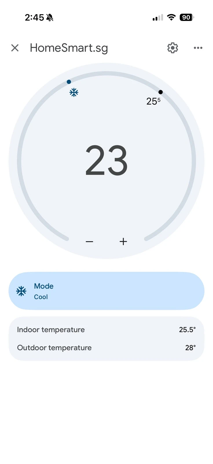 HomeSmart aircon control in Google Home showing a 23 degree cooling target and indoor temperature reading