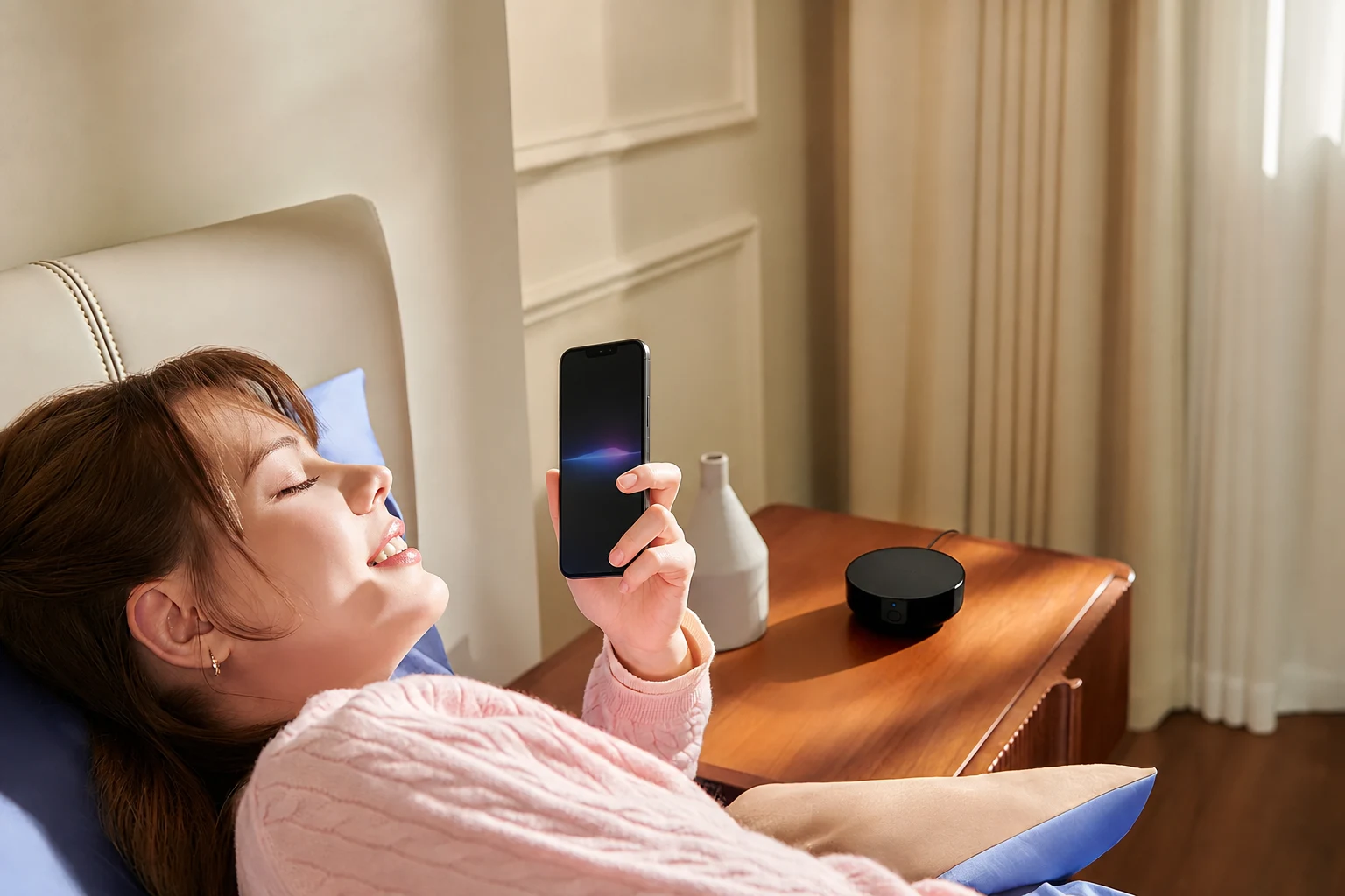A woman using voice control on her phone with Aqara Hub M200 nearby