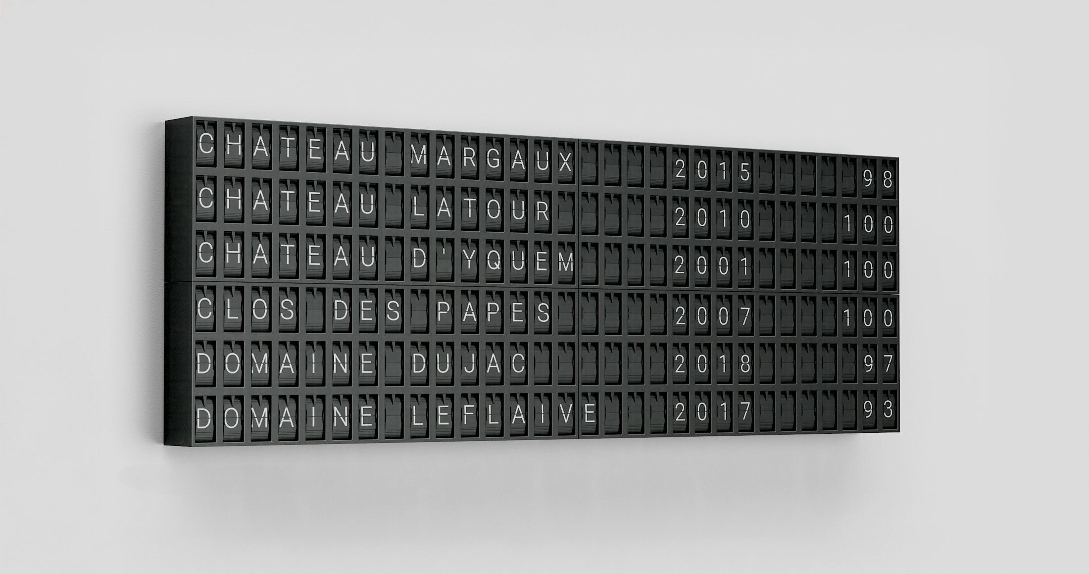 Multiple frameless Vestaboard Notes stacked to create a wine list display