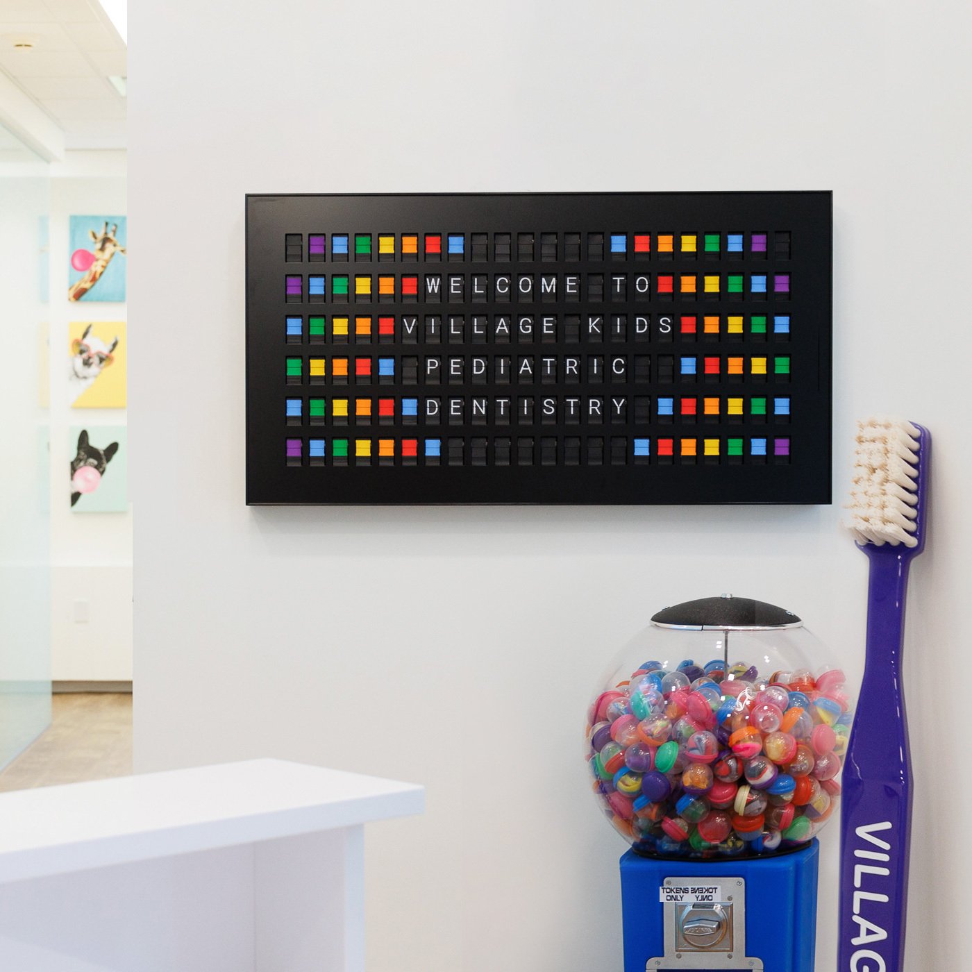 Vestaboard in a healthcare waiting area