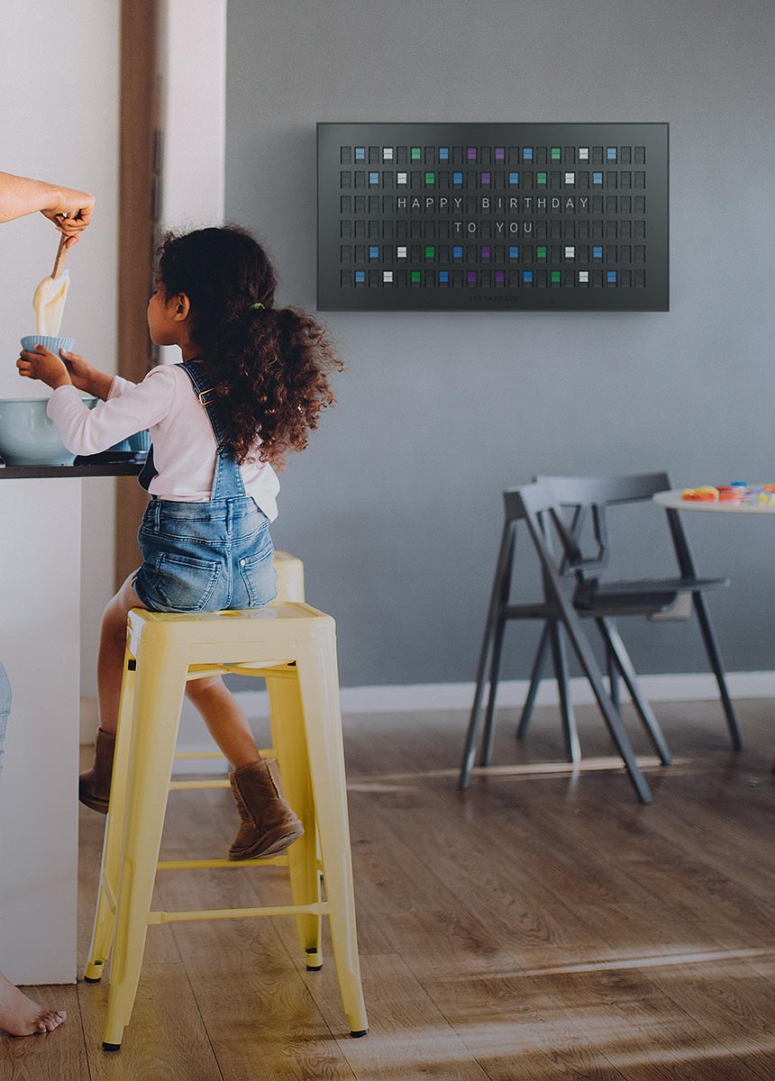 Vestaboard in a kitchen setting