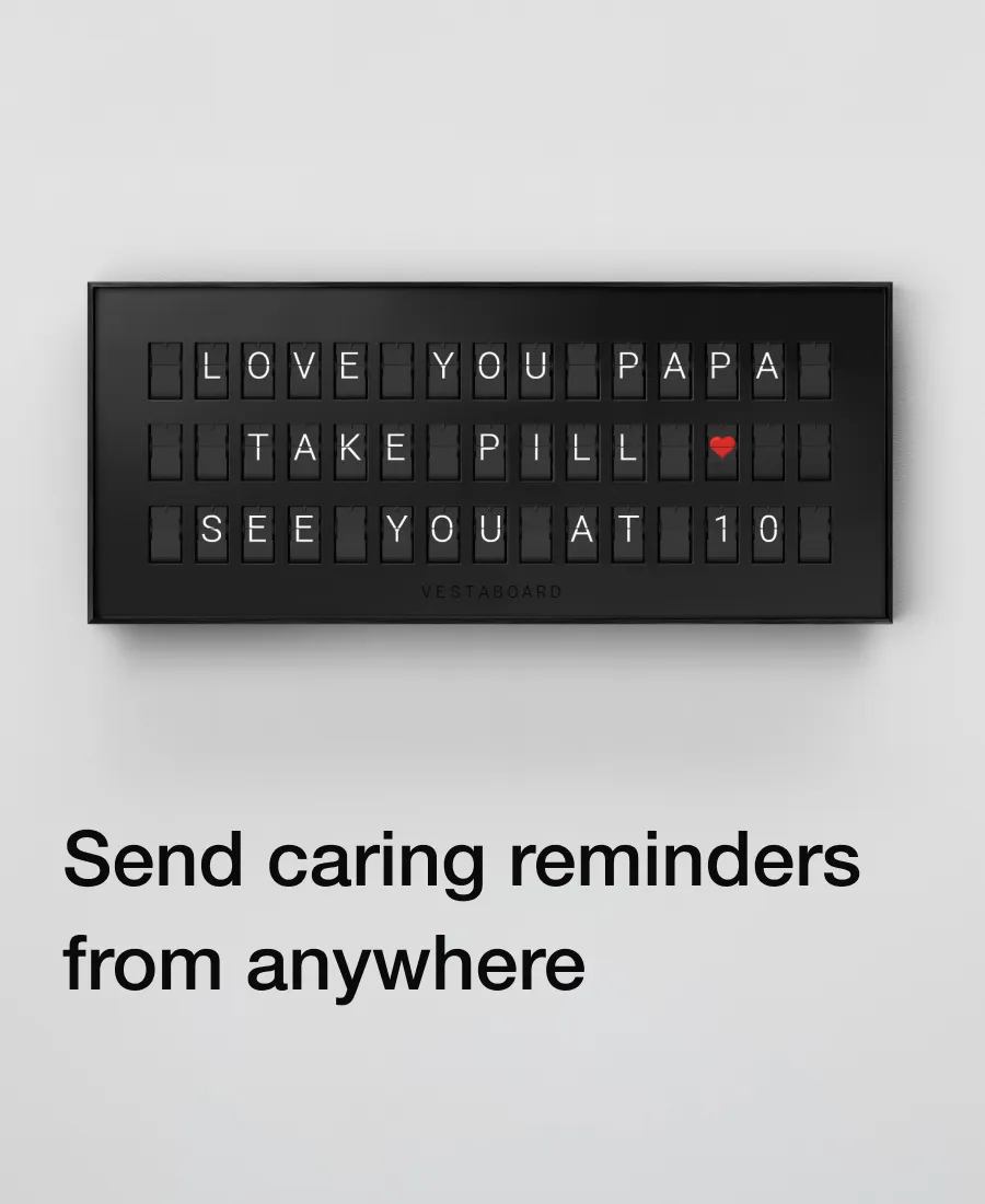 Vestaboard Note displaying a family greeting