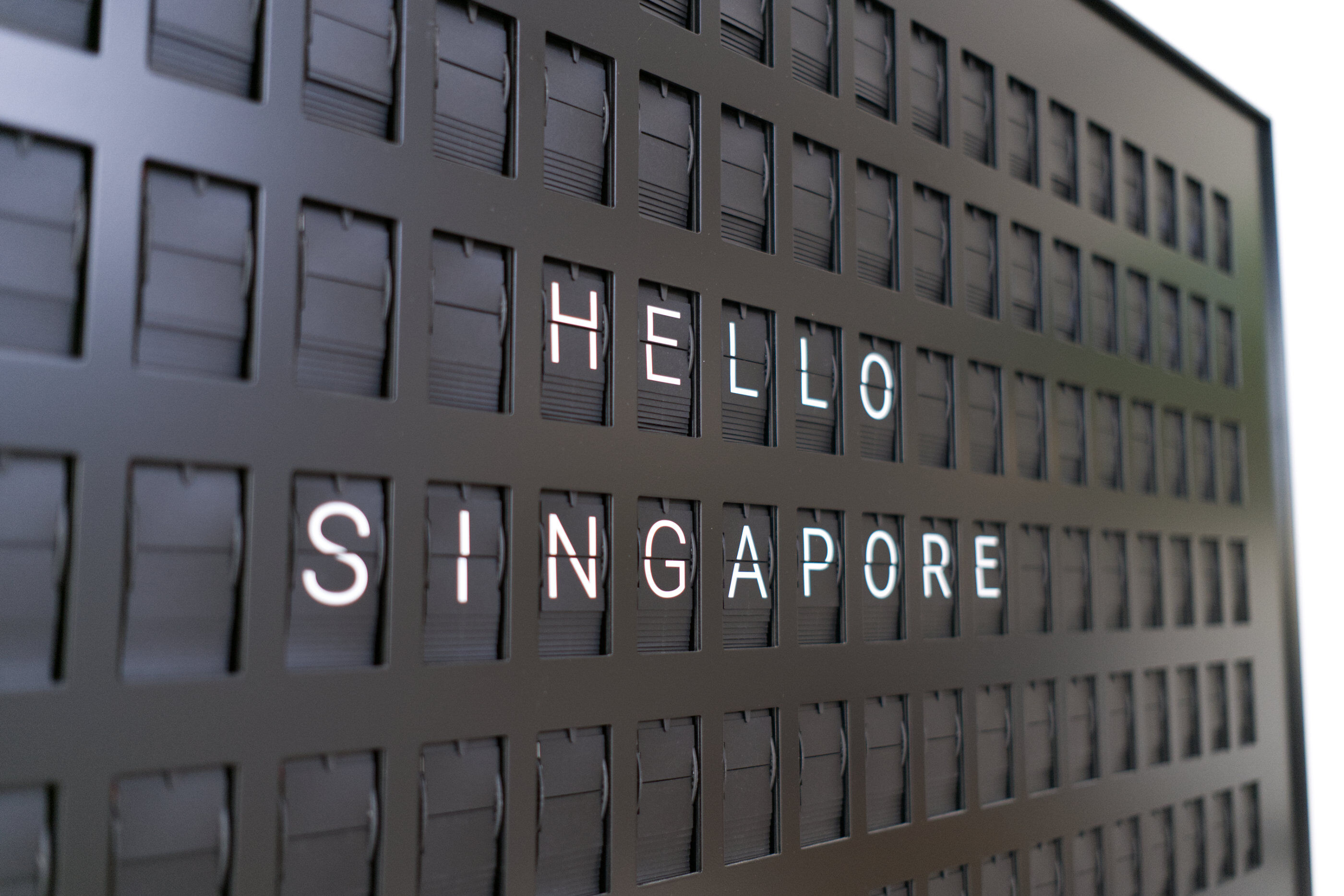 Vestaboard displaying Hello Singapore