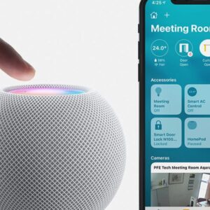 Apple HomePod mini beside an iPhone showing smart-home controls