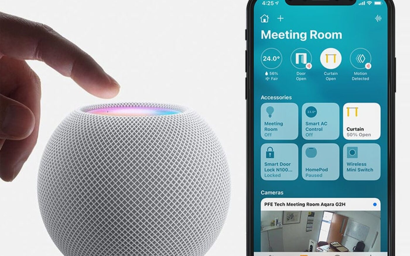 Apple HomePod mini beside an iPhone showing smart-home controls
