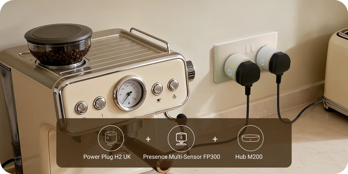 Coffee machine automation using Power Plug H2 UK, Presence Sensor FP300 and Hub M200