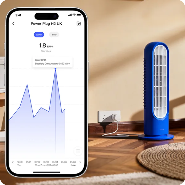 Aqara Home power chart beside an appliance controlled by the Power Plug H2 UK