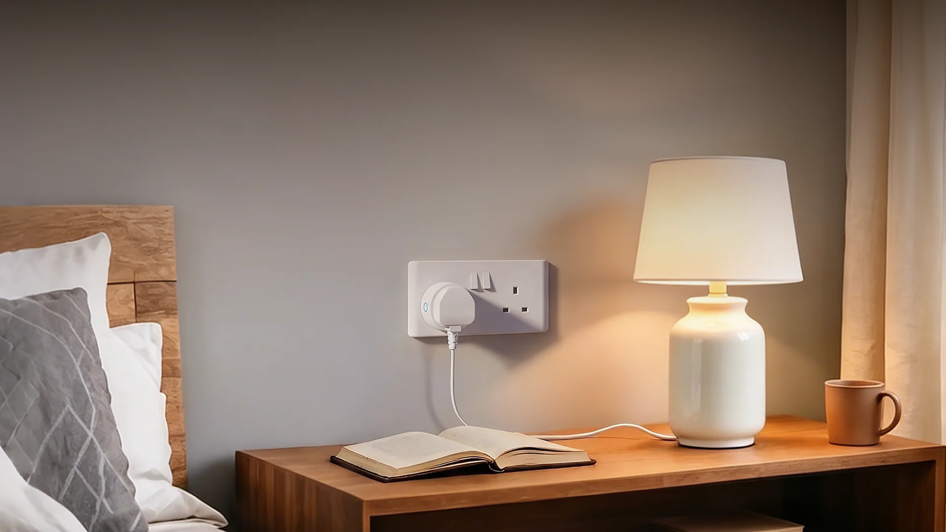 Aqara Power Plug H2 UK controlling a bedside lamp