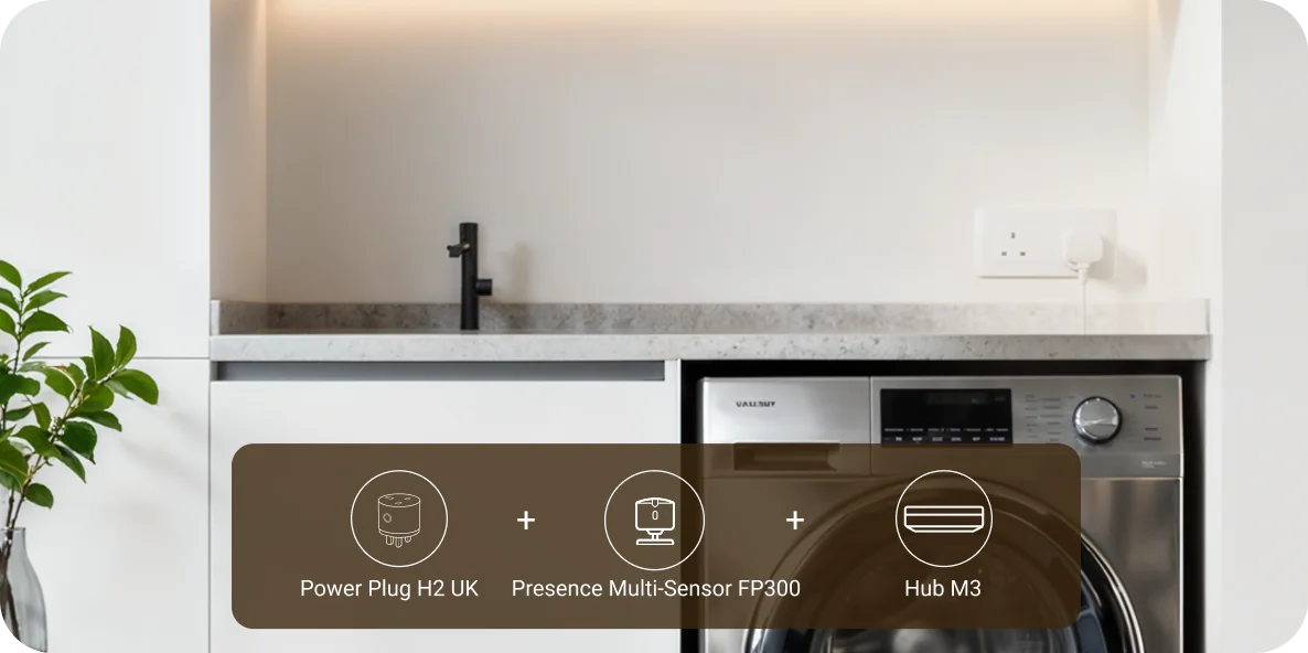 Laundry completion automation using Power Plug H2 UK, Presence Sensor FP300 and Hub M3