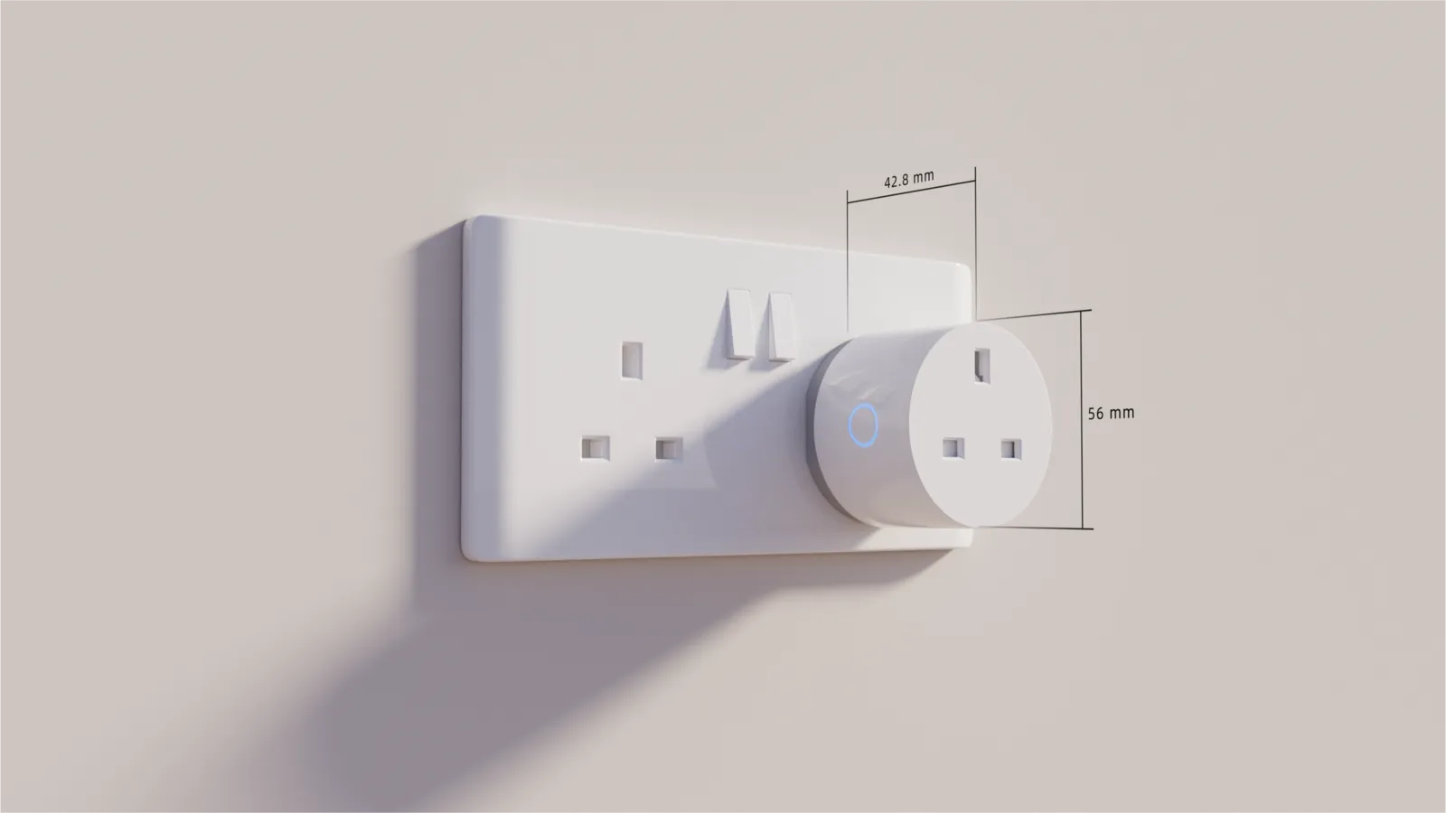 Aqara Power Plug H2 UK installed in a double socket with dimensions shown
