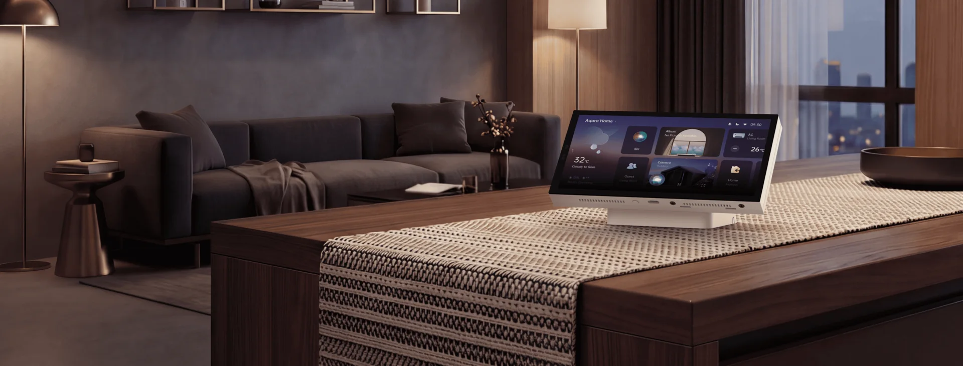 Aqara Panel Hub S1 Plus Desktop Version controlling a smart bedroom