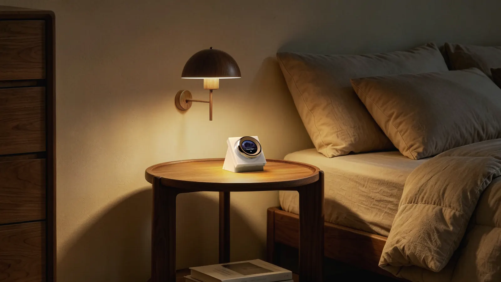 Aqara Touchscreen Dial V1 Desktop Version on a bedside table under a reading lamp