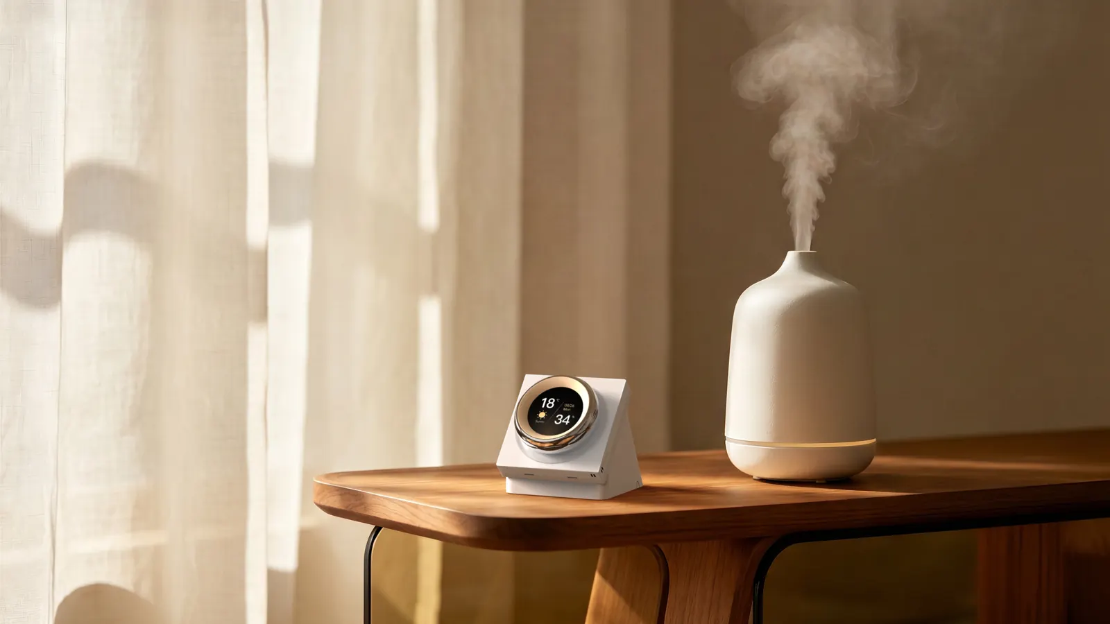 Aqara Touchscreen Dial V1 Desktop Version on a side table next to a humidifier
