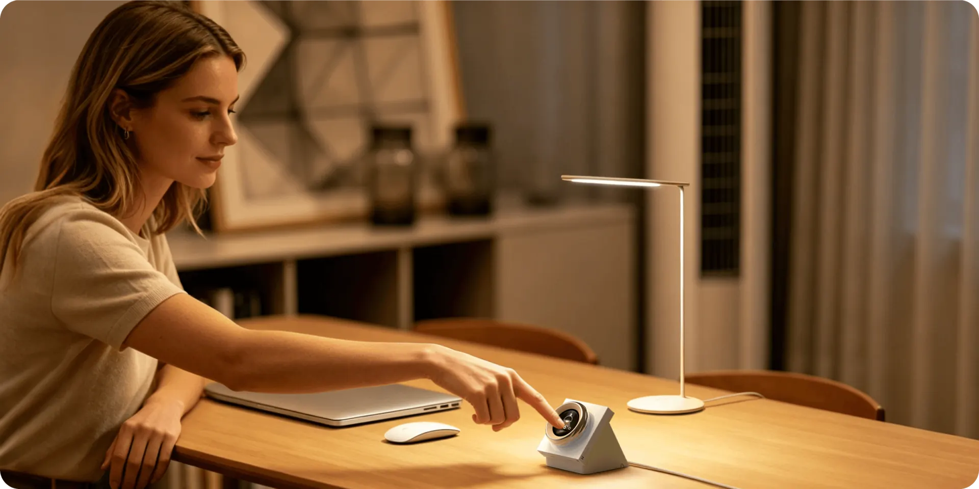 Person reaching for the Aqara Touchscreen Dial V1 Desktop Version on a work desk