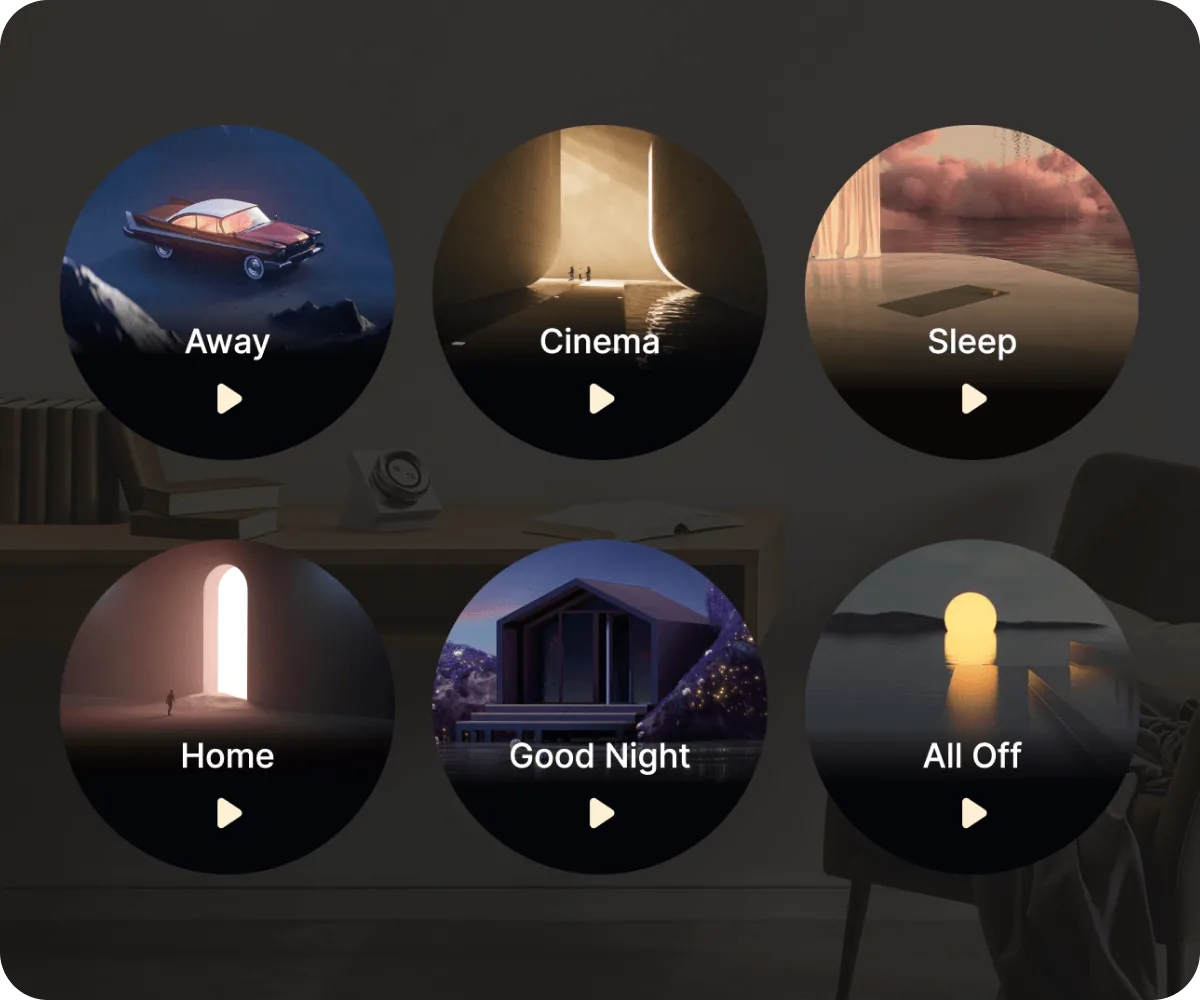 Away, Cinema, Sleep, Home, Good Night and All Off scene screens on the Aqara Touchscreen Dial V1