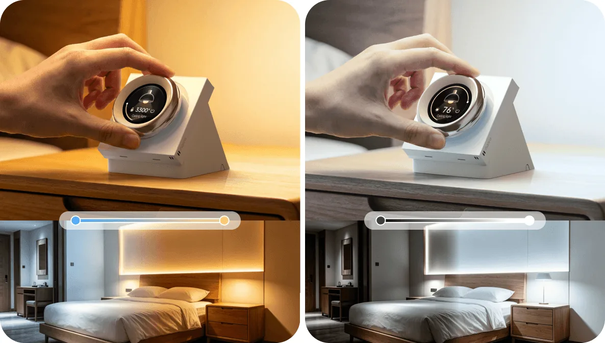 Adjustable proximity wake distance on the Aqara Touchscreen Dial V1 Desktop Version beside a bed