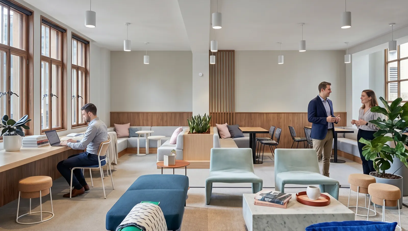 Shared lounge and work space with several people, where the FP400 counts occupants
