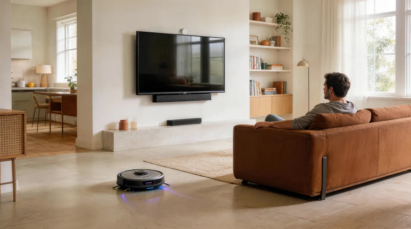 Man on a sofa while a robot vacuum cleans the living room floor