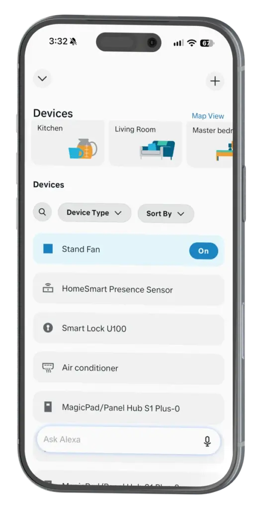 Amazon Alexa app on an iPhone, controlling a HomeSmart home