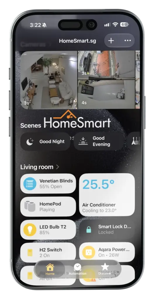 Apple Home app on an iPhone, controlling a HomeSmart home