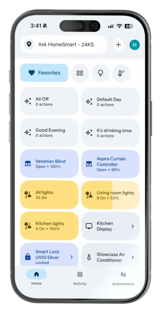 Google Home app on an iPhone, controlling a HomeSmart home